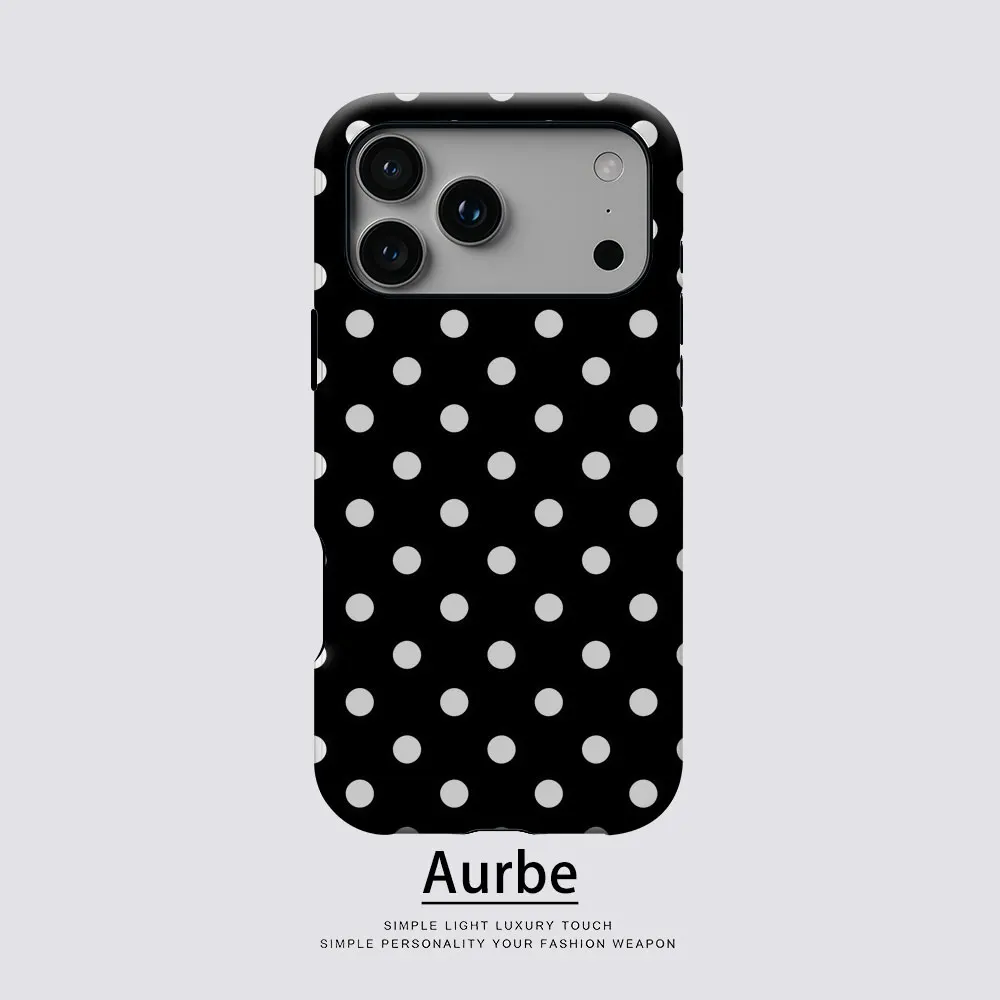 Aurbe Matte 2-in-1 Film Magsafe Hülle für iPhone 17 16 15 14 Plus 17 Pro Max Stoßfeste Hartschale Schwarz Weiß Polka Dots Case