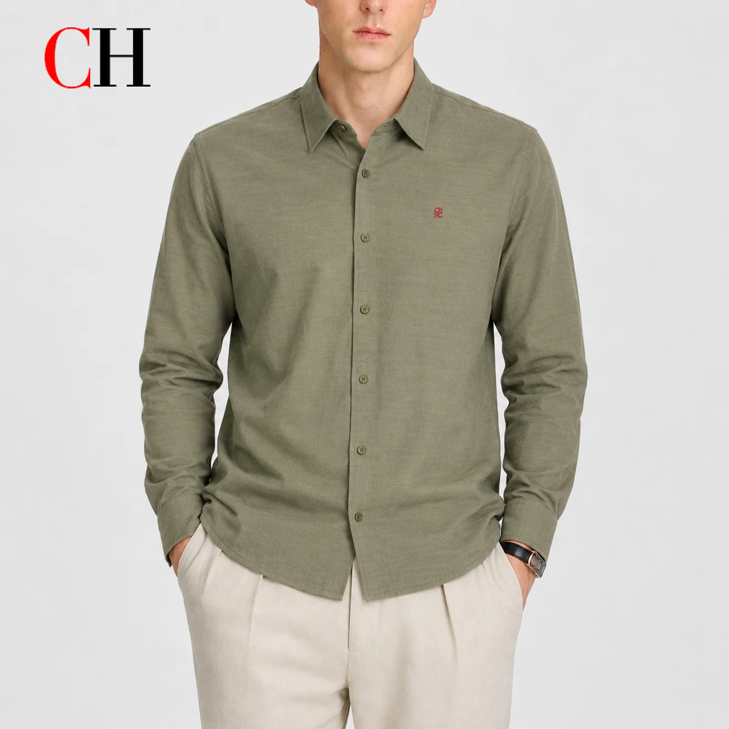 CH Men Solid Olive Green Long Sleeve Button Down Shirt Bold 