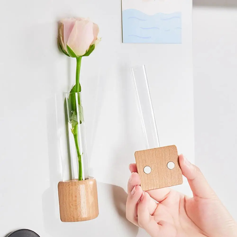 Refrigerator Magnet Hydroponic Plants Test Tube Vase Window Wooden Vase Planter Home Office Magnet Fridge Decoration