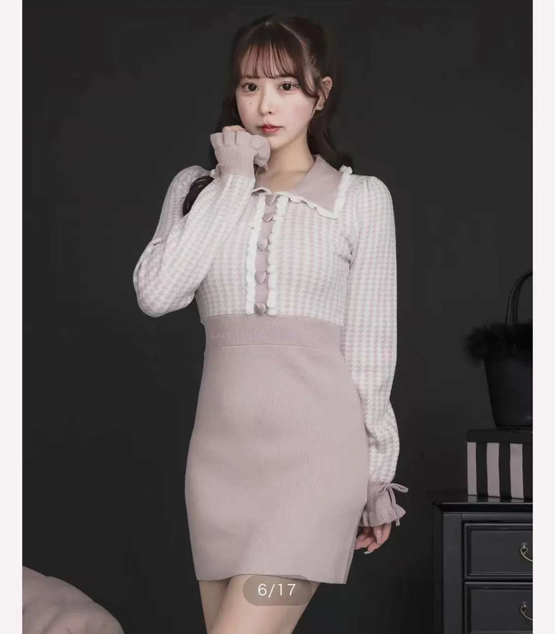 Vestidos de manga larga de otoño estilo japonés Original de gama alta pata de gallo Jacquard Patchwork con volantes vestido de punto de cuello pequeño