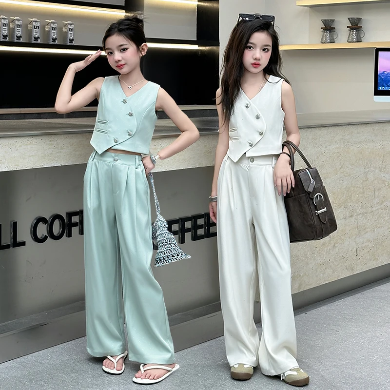 

2025 Summer Girls Asymmetric Sleeveless Blazer Suit Teenager Two-Piece Set Formal Tops with Pants Fashionable Kids Occasion Wear