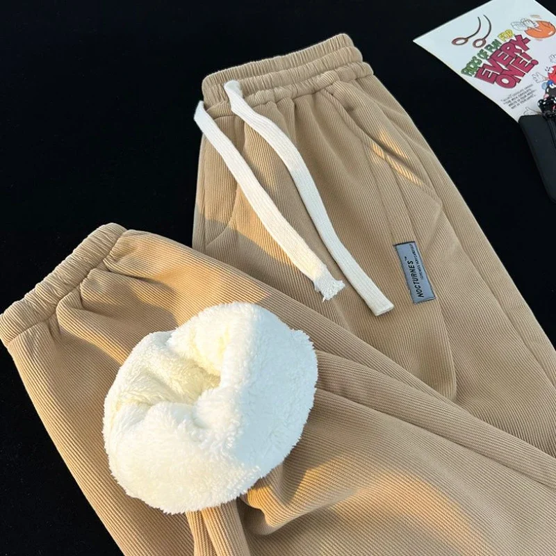 Men Winter Corduroy Plush Extra Thick Pants Lambswool Warm Loose Comfortable Rib Leg Pants Lined Fleece Sports Joggers Trousers