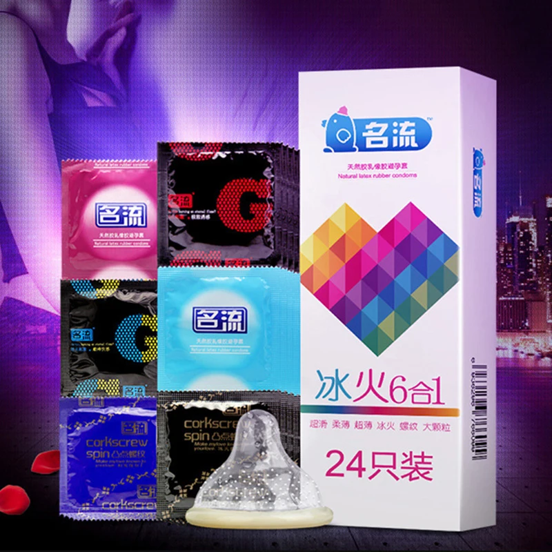 6 in 1 Condoms 24PCS Ice and Fire Feeling Sex Toys Granular Threaded Dotted Ribbed Sex Accessories Penis Sleeve for Adult Orgasm