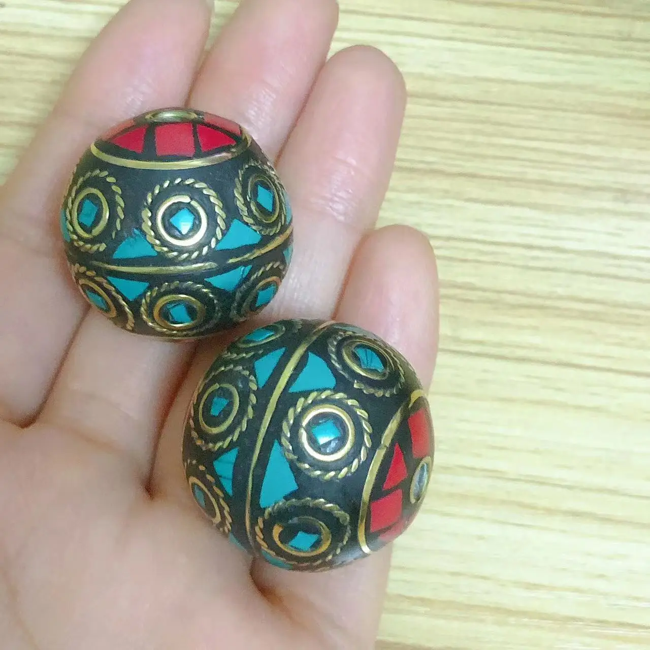BD005 Nepal Handmade 26mm Big Ball Beads Brass Colorful Stone DIY Jewelry Accessories 2 Pieces Beads image 4
