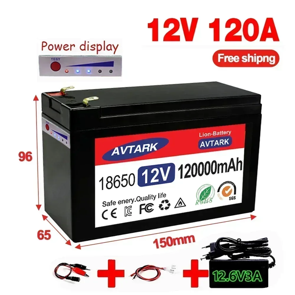 12V 120Ah 120000 Batería de litio mAh 18650 para energía solar, batería integrada de alta corriente 30A BMS para vehículo eléctrico + cargador de 12,6 V