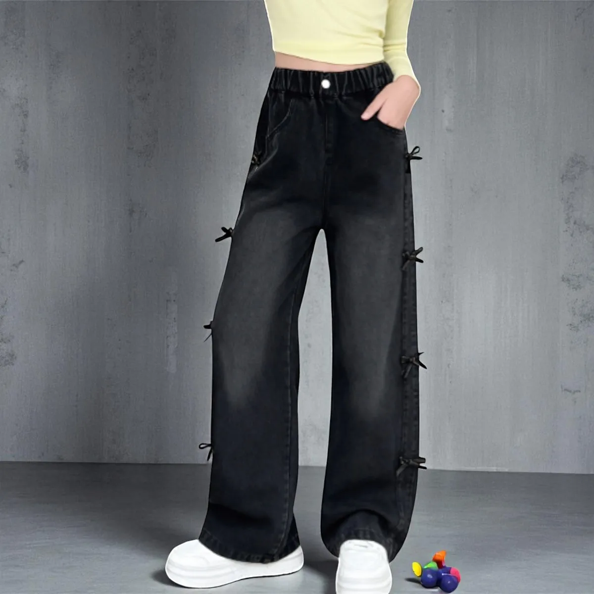 

Свободные джинсы-брюки в уличном стиле для девочек 6, 9, 10, 12 лет, черные широкие джинсы для девочек, детская одежда, комплекты для девочек