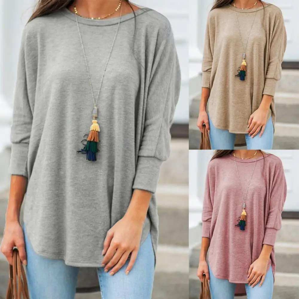 Women T-shirt Solid Color Round Neck Seven Quarter Sleeve Hem Irregular Casual Loose Top T-shirt Casual Losoe Lady T-shirt