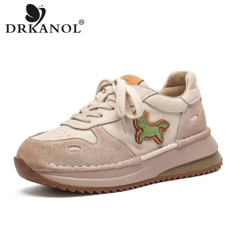 DRKANOL Women Casual Sneakers Mixed Colors Genuine Leather Shoes Spring Autumn Lace-Up Thick Sole Trend Shoes Zapatillas Mujer