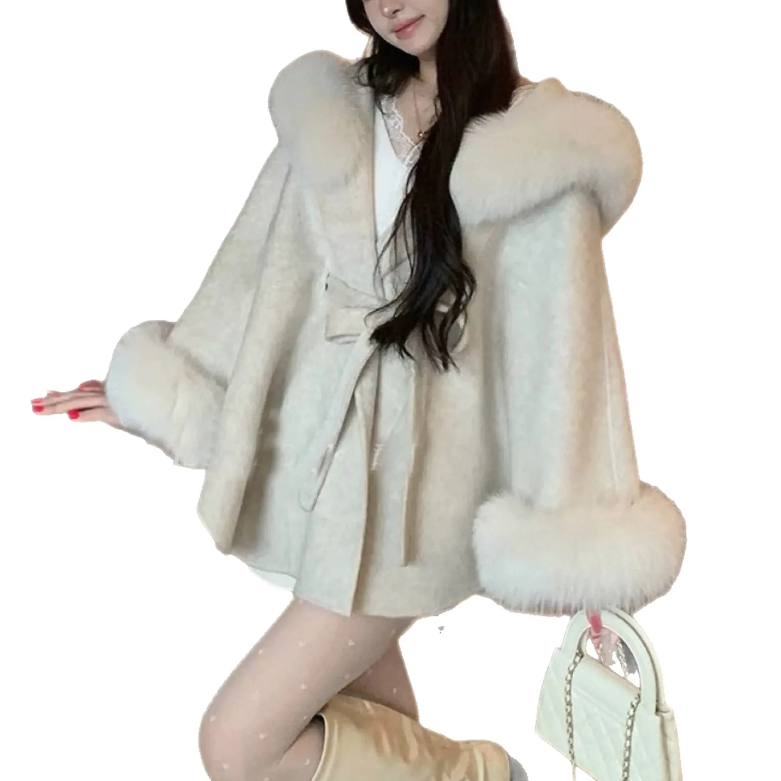 Women's Double‑Sided Wool Cape Overcoat, Fox Fur Hooded with Tie‑Waist, Slim‑Fit Winter Coat