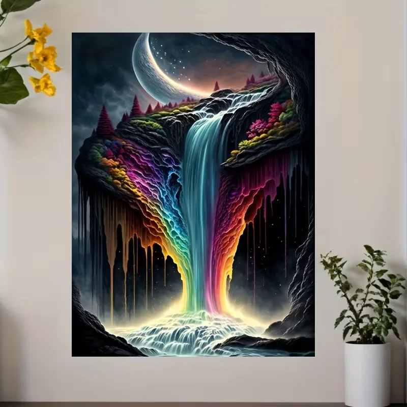 Waterproof Canvas Art Painting - Rainbow Waterfall Frameless Wall Decor for Living Room, Bedroom, Office, Dining & Ba