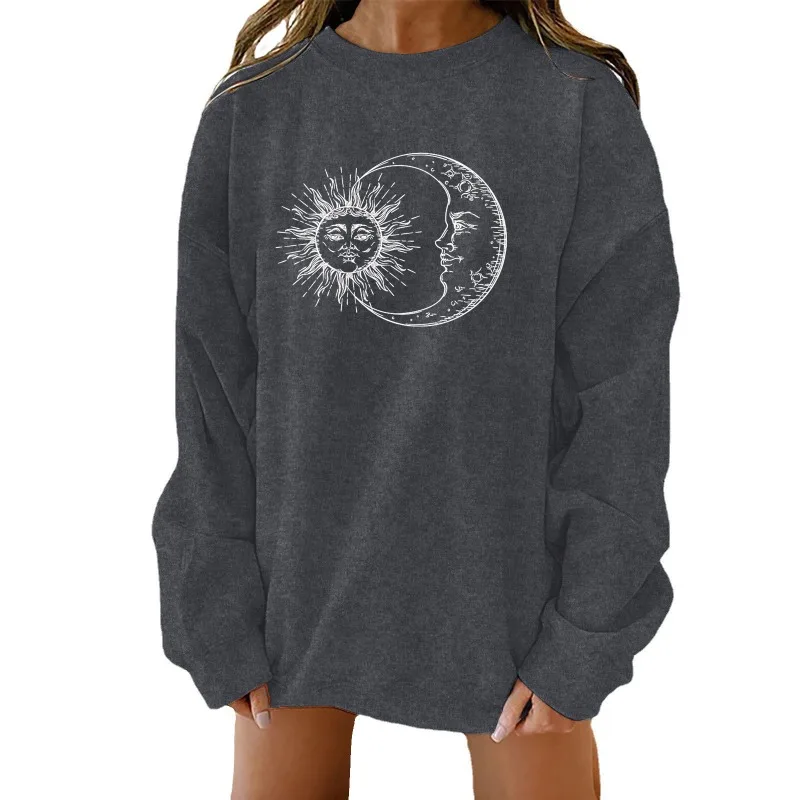 Autumn&Winter New Sun Moon Personalized Printed Women's Loose Round Neck Falling Shoulder Long Sleeve Hoodie Halloween Pullover