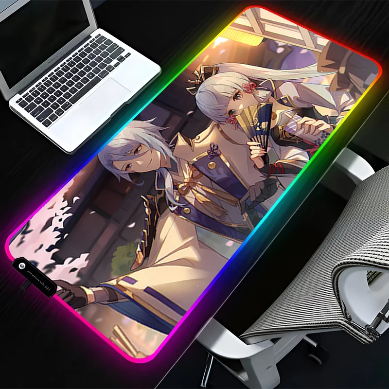RGB LEDマウスパッド PCアクセサリー マウスパッド HD拡張パッド ゴム製キーボードパッド 滑り止め G-原神 カミサトアヤト デスクマット