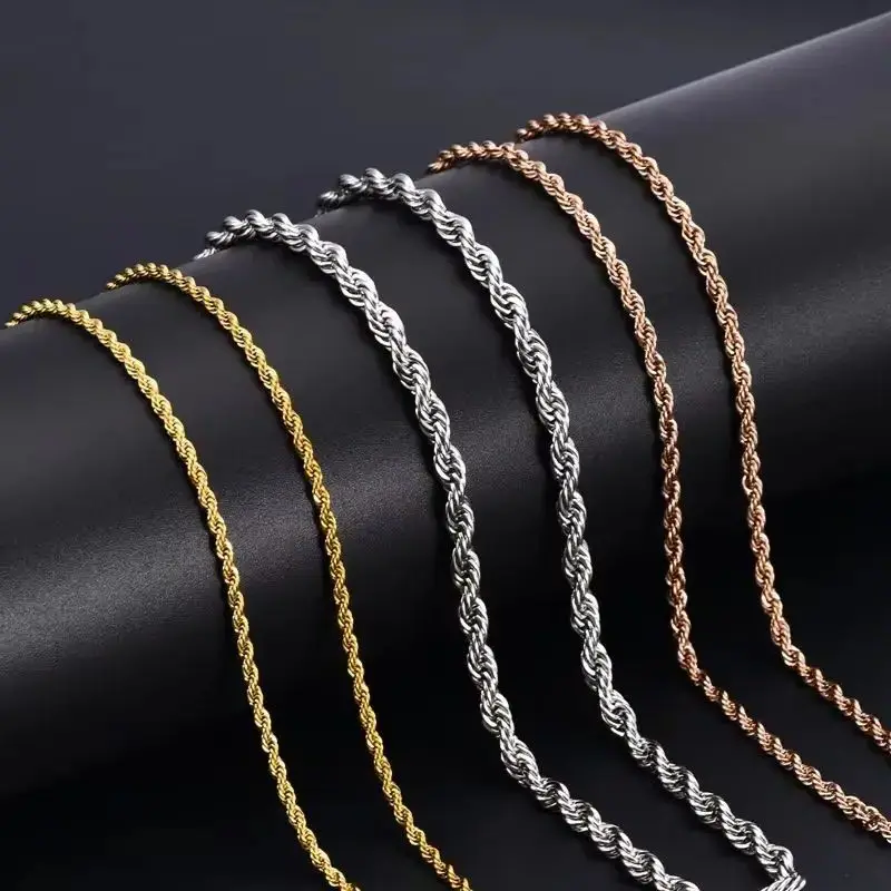 Modische Roségoldfarbene Edelstahl-Halskette mit Gedrehter Seilkette, Wasserdicht, Metallglieder, Großhandel für Männer und Frauen – Detail 3