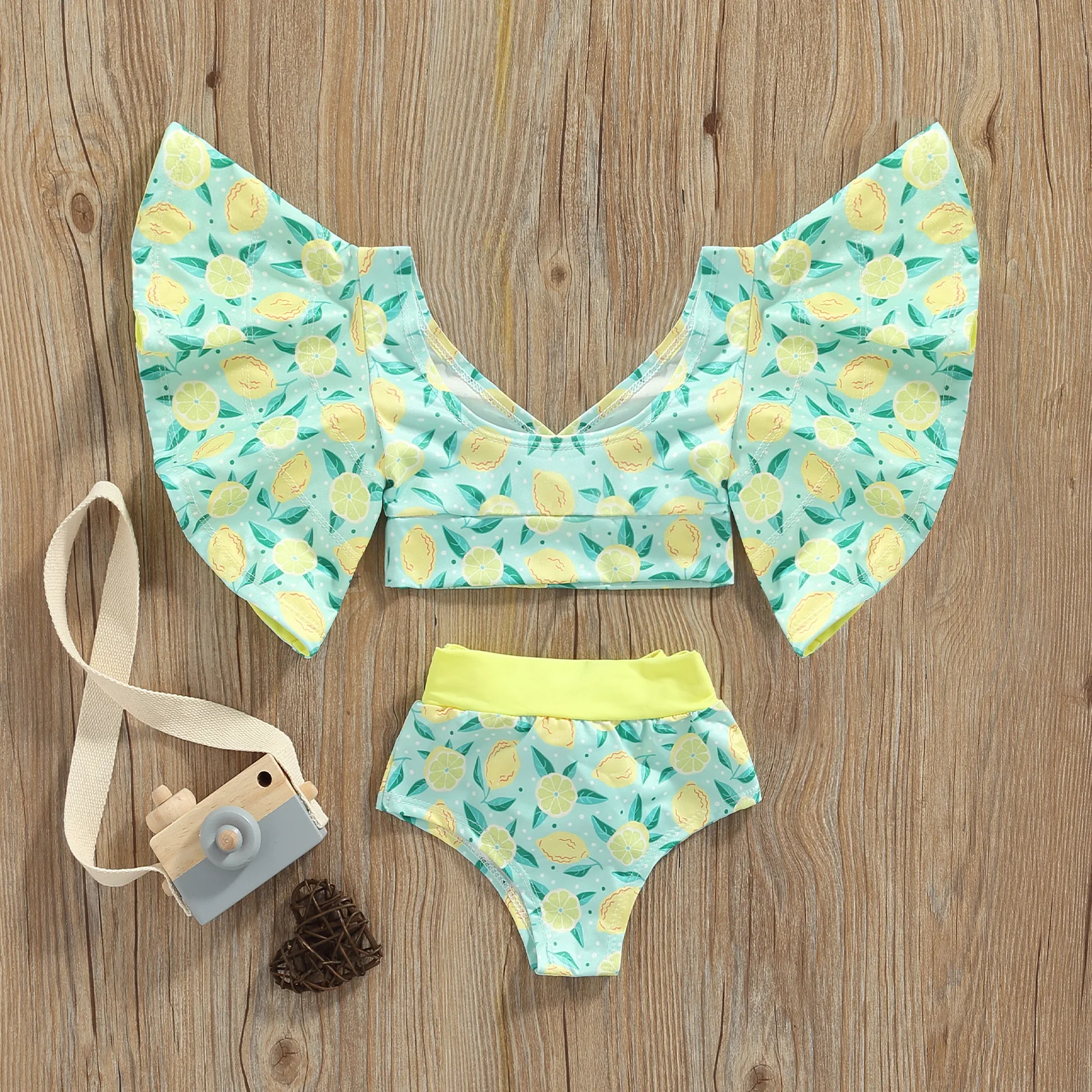 Girls Two-Piece Swimwear Lemon/Starfish/Striped Baggy Sleeve Swim Tops + High Waist Bathing Shorts Swimsuit