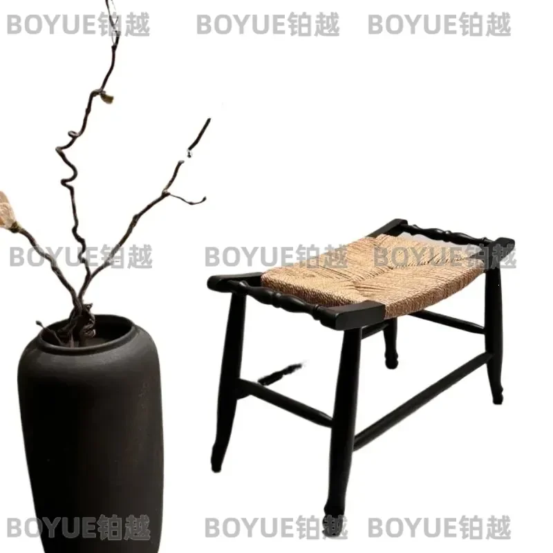 for Medieval Rattan Shoe Changing Stool Solid Wood Porch Entrance Small Stool Wabi Sabi Bedside Black French Low Stool