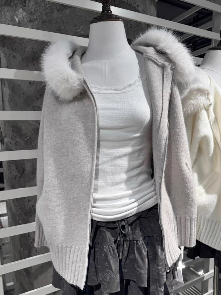 

Chic Fur Collar Hooded Sweater Cardigan Woman Autumn Solid Zipper Long Sleeve Knitted Sweaters Casual Simple Sweet Knitwear Tops
