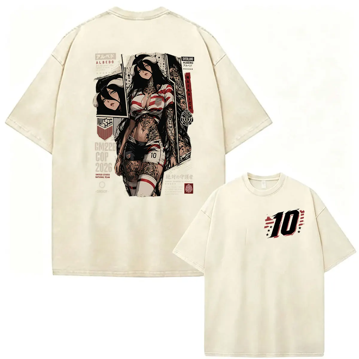 Japanisches Anime Albedo Overlord Vintage Washed T-Shirt für Männer und Frauen, Harajuku Oversized Baumwoll-T-Shirt, Modische Manga-Kleidung – Detail 7