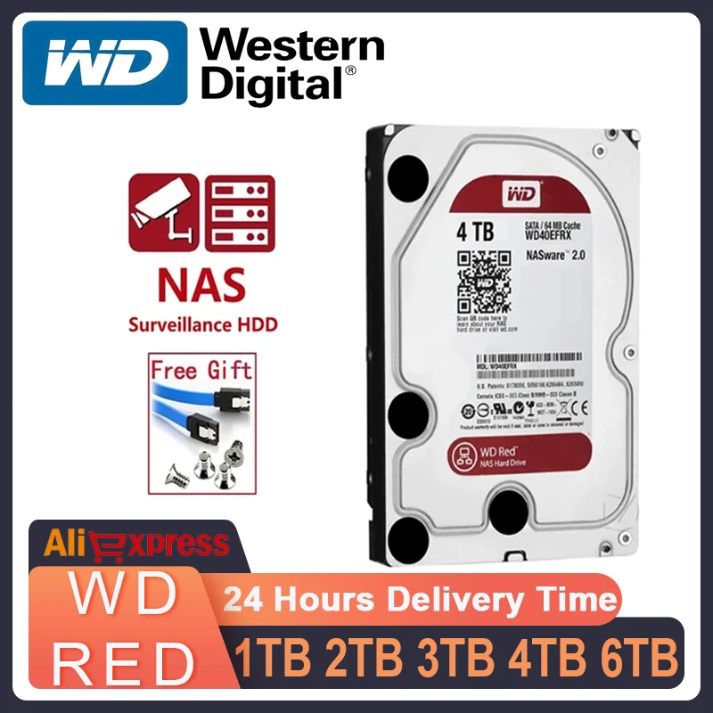 Внутренний Жесткий Диск Western Digital, 1 ТБ, Красный, Совместимый С NAS, 3,5-дюймовый Интерфейс SATA, 5400 Об/мин, 6 ГБ/с