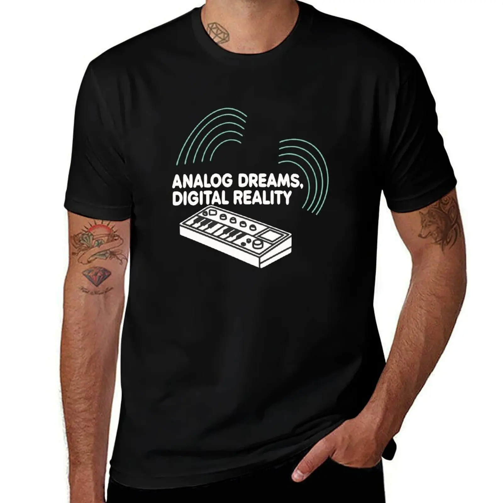 

Analog Dreams Digital Reality Synth Print Sticker T-Shirt summer top cotton graphic tees customizeds oversized t shirt men