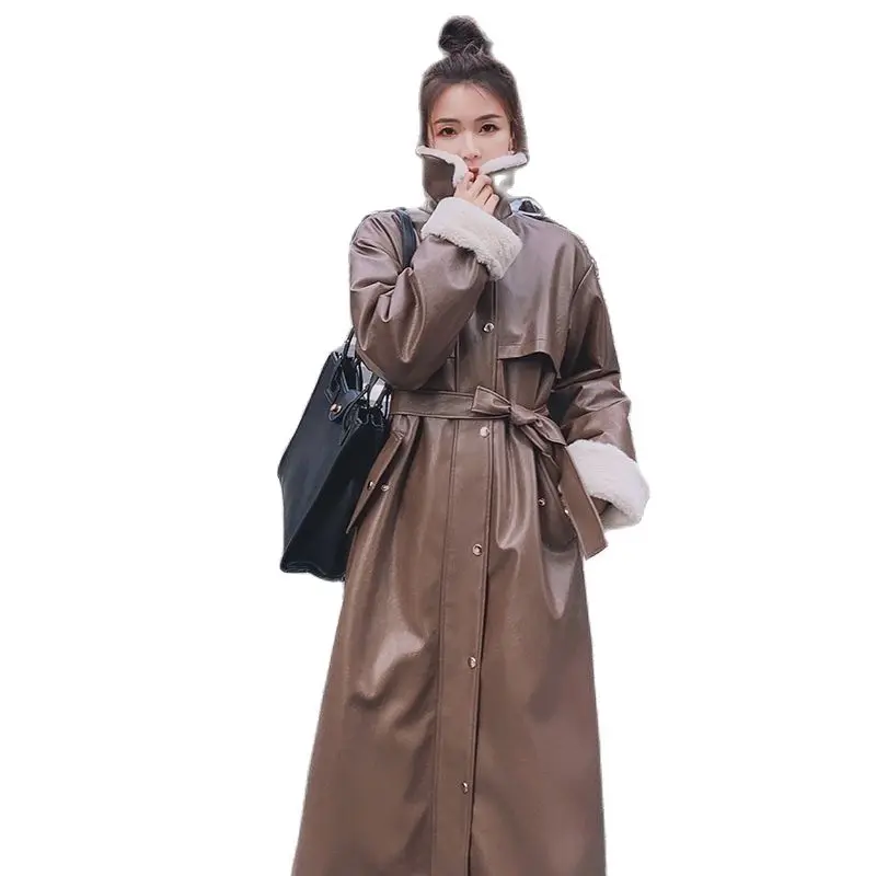 Long Straight Winter Coat Casual Women PU Faux Leather Deep Pockets Stylish Thicked Outwear