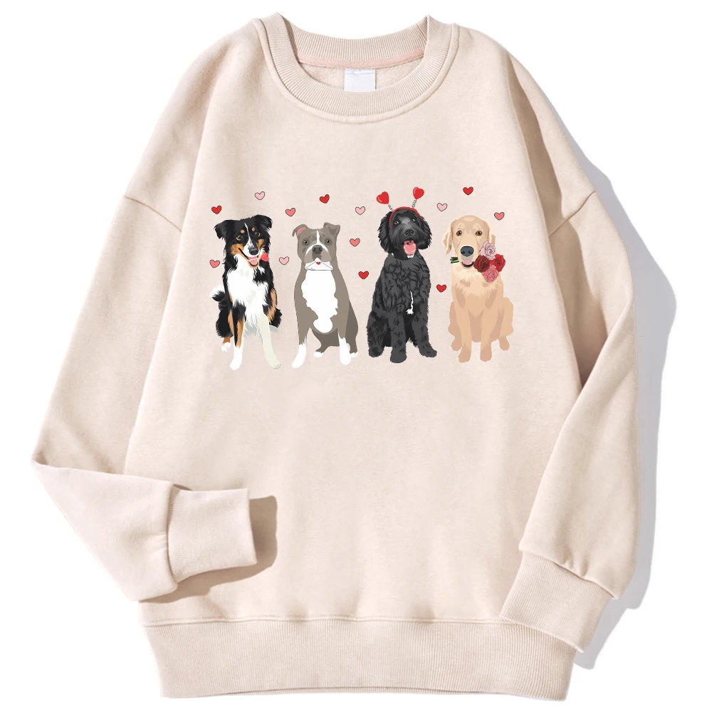 Cartoons Women\'S Hoodie Lovely Dogs & Heart Printing Sweatshirt Loose Crewneck Warm Fleece Pullover Autumn Winter Streetwear