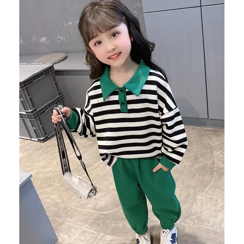 

2 3 4 5 6 8 Years Spring Autumn Girls Clothing Set Fashion Stripes Lapel Long Sleeve Sweatshirt+Pants 2Pcs For Girls Casual Suit