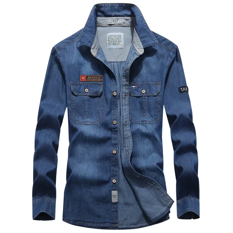 Men's Denim Shirt Men Cardigan Long-sleeve Casual Fashion Jean Shirts Loose Lapel Bussiness Men Spring Autumn Blue Denim Outwear