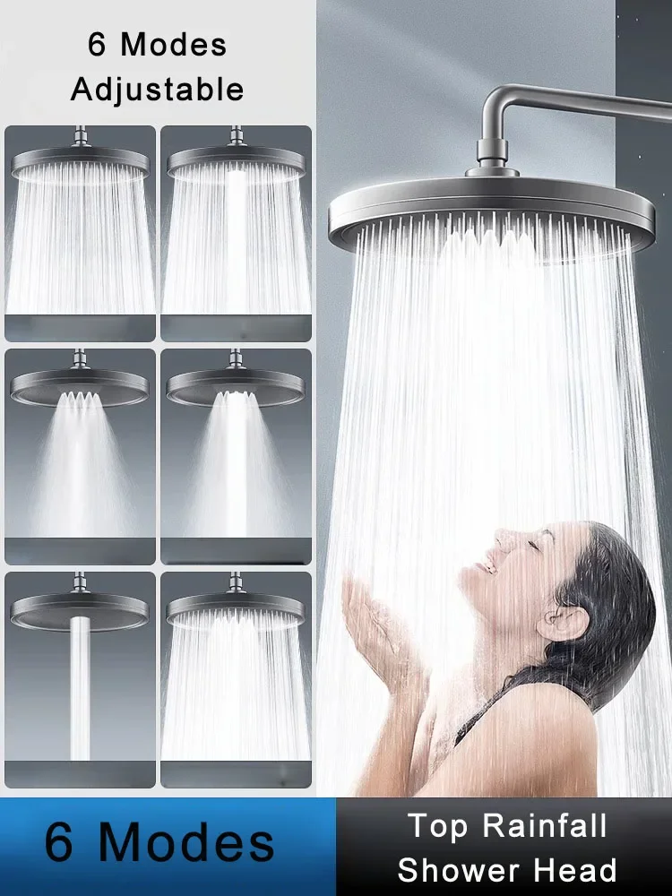 Grande fluxo Supercharge Rainfall Shower Head, de alta pressão, Top Rain Shower Faucet, acessórios do banheiro, 6 Modos Big Panel, Novo