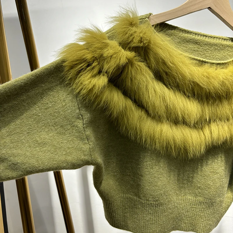 2025 여성 겨울 두꺼운 사랑스러운 여우털 칼라 천연 여우털 소녀 가을 짧은 스웨터 니트 코트