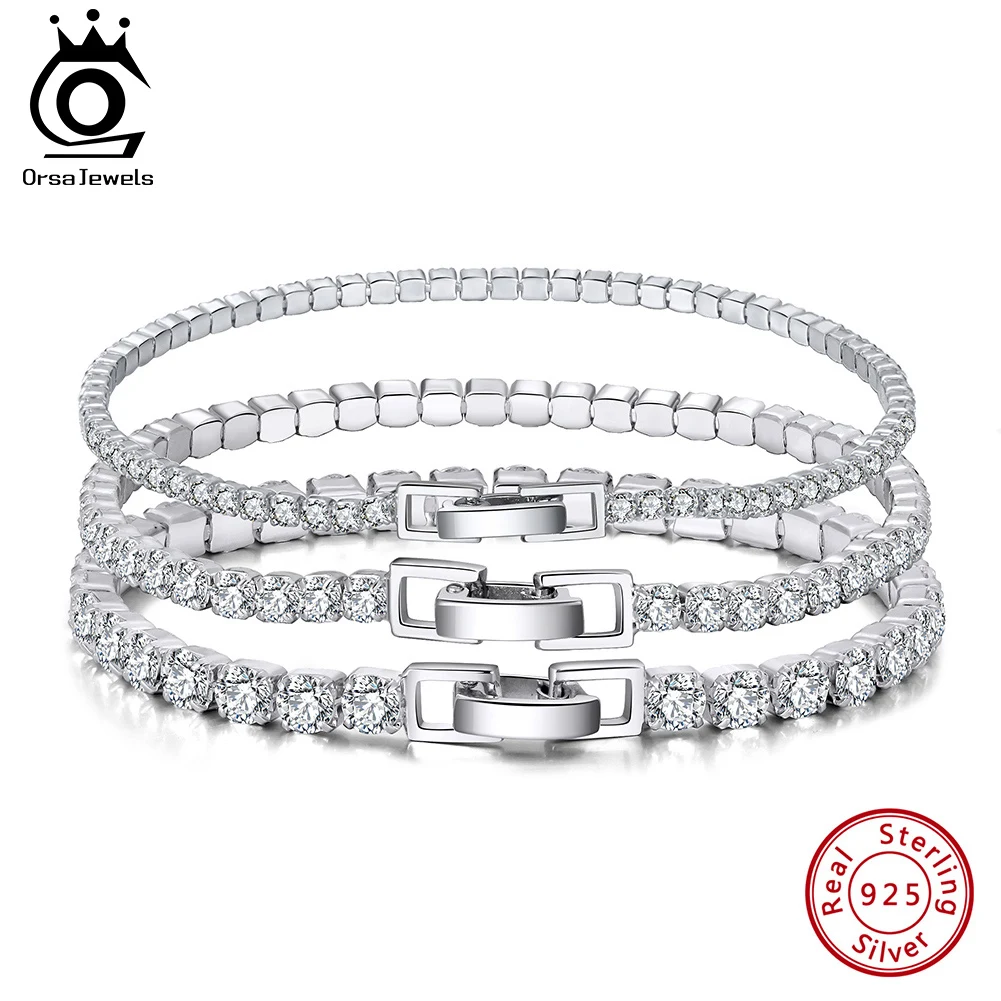 ORSA JEWELS Sparkling 2mm 3mm Width Tennis Bracelet 925 Sterling Silver Clear CZ Cubic Zirconia Bangle Hand Jewelry Gifts SB92