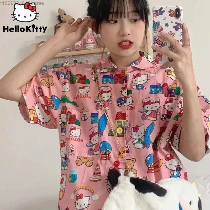 Sanrio Olá Kitty Bonito Impresso Blusa 2022 New Summer Student Rosa Camisa de Manga Curta Y2k Versátil Irmã Retro Tops Para As Mulheres