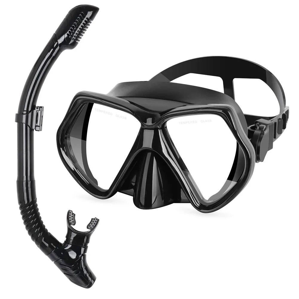 Dry Snorkel Set Diving Mask Scuba Swimming Goggles Anti-Leak Anti-Fog Wide View Tempered Glass Lens Adjustable Strap Adult Youth