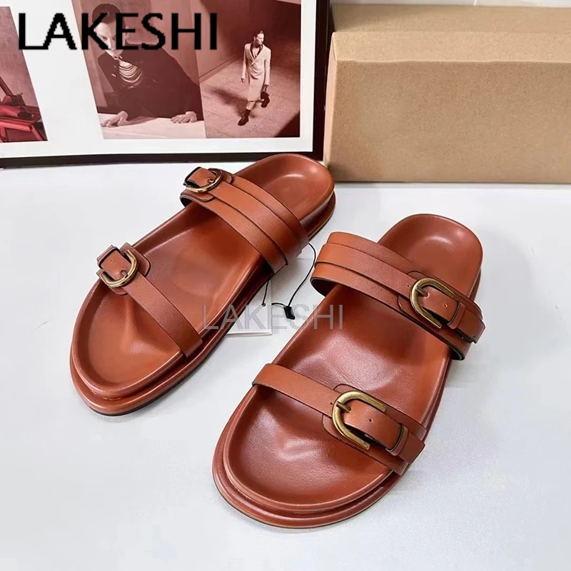 LAKESHI Luxury Brand Flats Sandals for Women Shoes Brown Fashion Slippers Summer Sandal Outdoor Casual Beach Flip Flops 2024