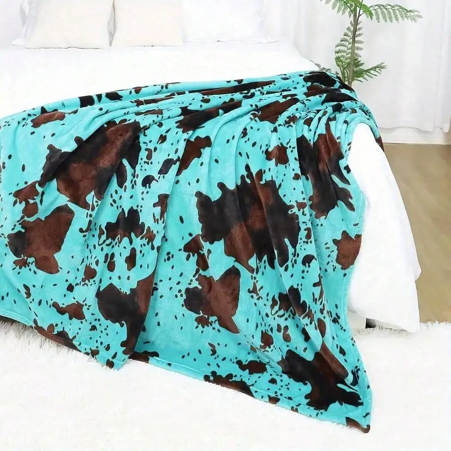 Turquoise Cow Print Throw Blanket, Bold Black and Brown Spotted Pattern on Bright Teal Background, Western Farmhouse Couch Throw for Sofa Bedroom Living Room, Trendy Rustic Home Decor Accent, Gift for Cow Print Lovers and Country Style Fans Gift Idea