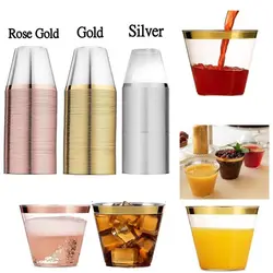 Disposable Plastic Cups Rose Gold Rimmed Transparent Cups Tableware for Wedding Birthday Party Cups