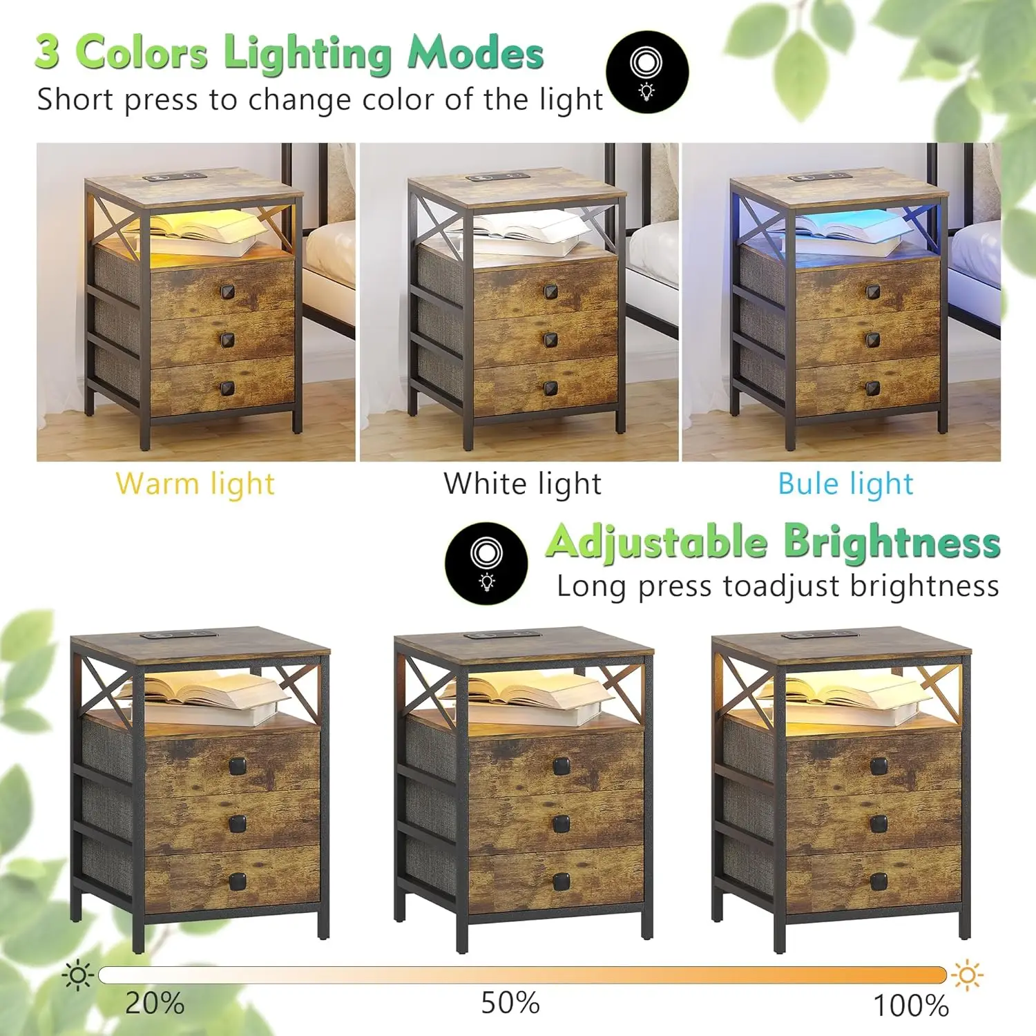 Lvifur-LED Nightstand com estação de carregamento sem fio Mesas laterais de madeira, 3 gavetas de tecido, mesa final para sala de estar, cama