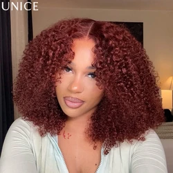 UNice Reddish Brown Afro Kinky Curly Wig With Finger Coils Ends 180% Density 7x5 & 13x4 Lace Glueless Wig Human Hair Ready To Go