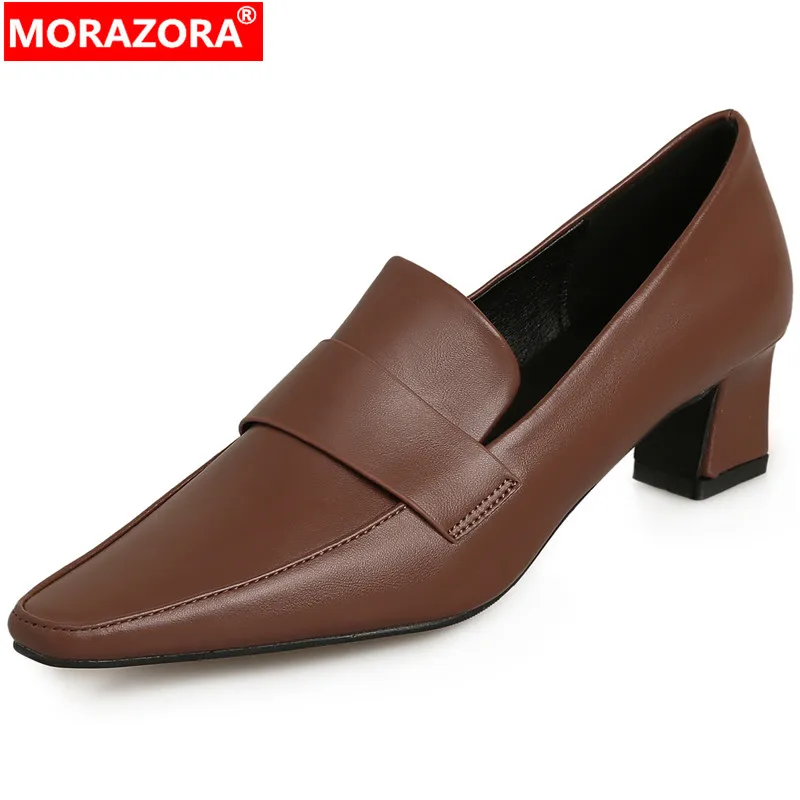 

MORAZORA 2024 New Classics Genuine Leather Shoes Woman Slip On Spring Ladies Dress Shoes Pointed Toe Thick Med Heels Pumps