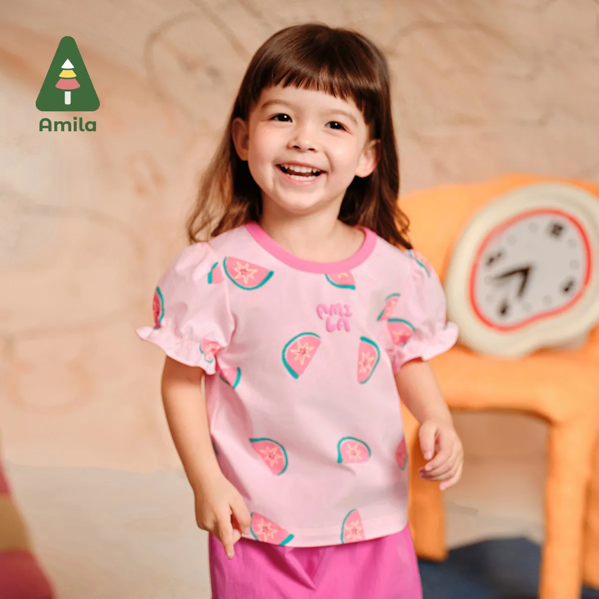 Amila 2024 Summer New Girls T-shirt Cartoon Fruit Full Print Comfortable Pure Cotton Breathable Crewneck Short Sleeve Kids Top 0