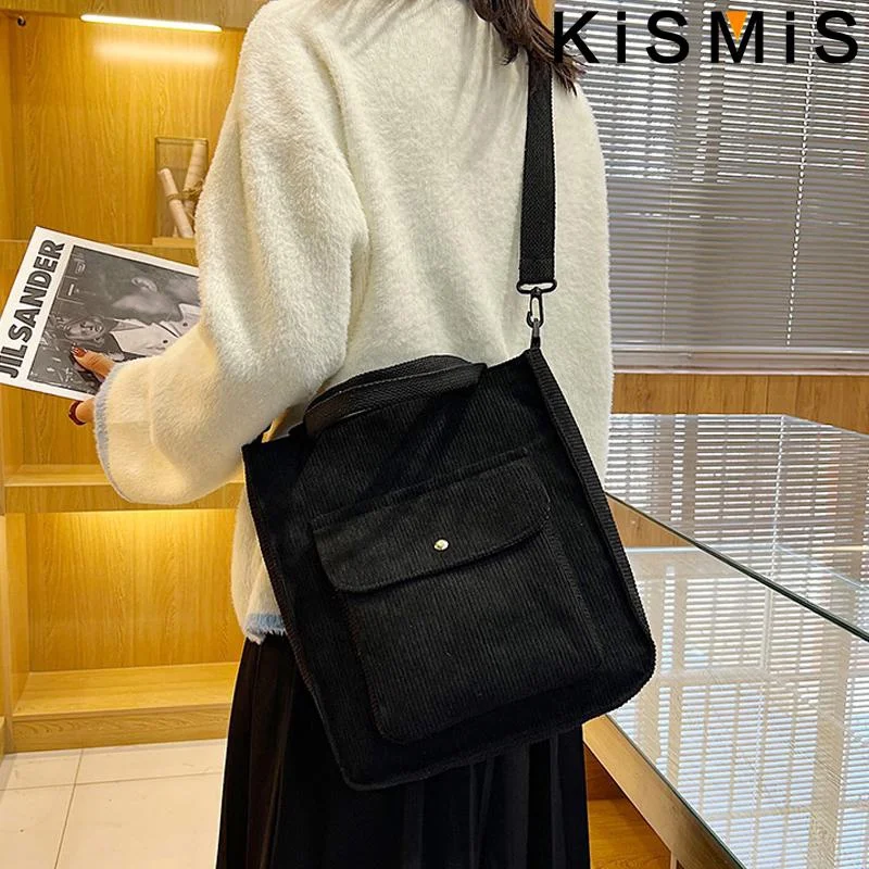 KISMIS 1Pc Women Corduroy Tote Ladies Casual Shoulder Bag Foldable Reusable Shopping Beach Bag Canvas Bags Handbag