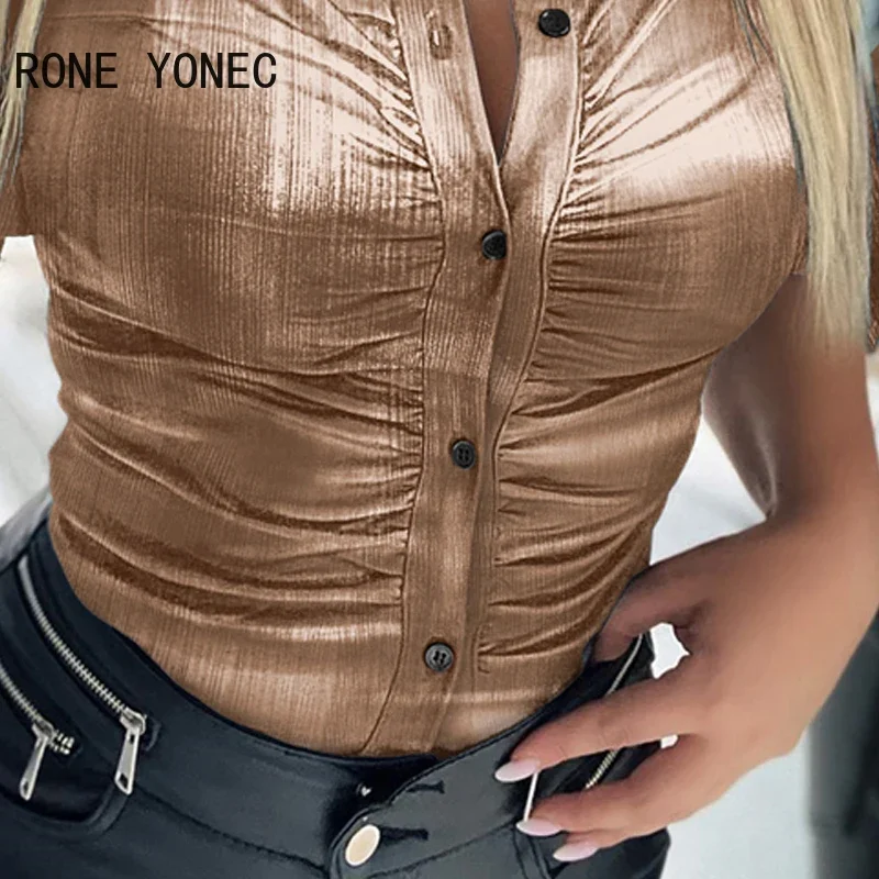 Women Casual Solid Turn Down Collar Long Sleeves Pu Leather Folds Button Blouse Top