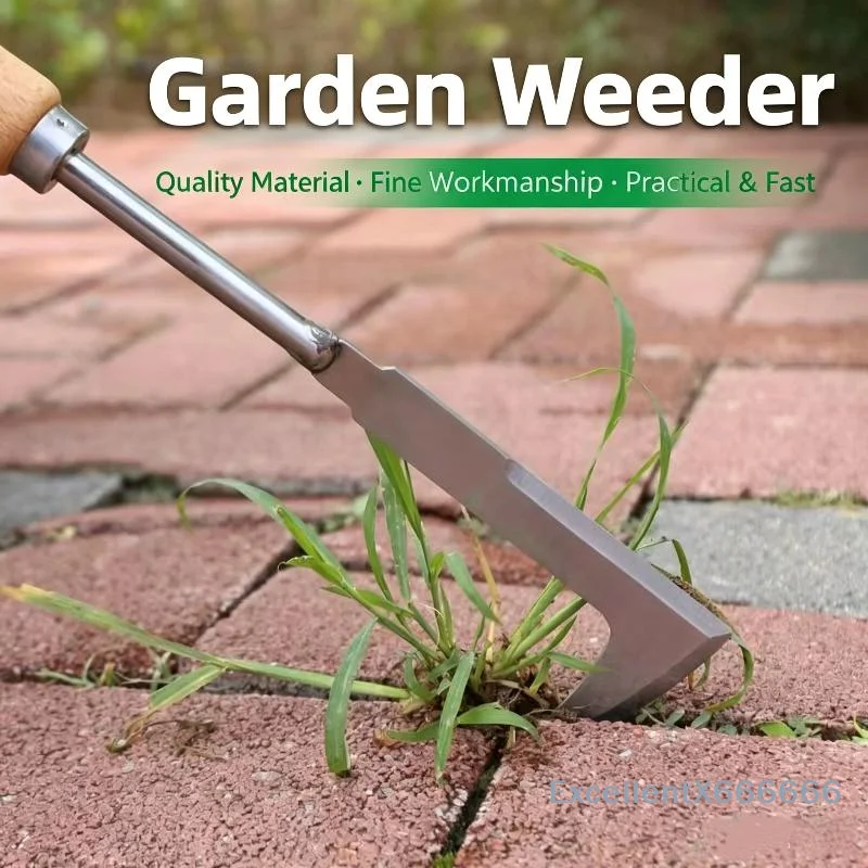 Stainless Steel Garden Weed Puller Wooden Handle Crevice Root Remover for Sidewalk Crack Weeding