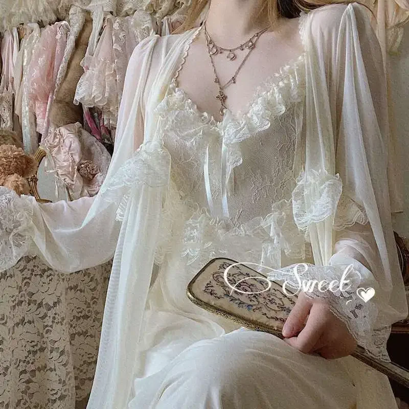 

2 Pcs Lace Robe Vintage Nightgown French Retro Court Style Bride Nightdress Dressing Gown V Neck Super Fairy Lounge Wear Home