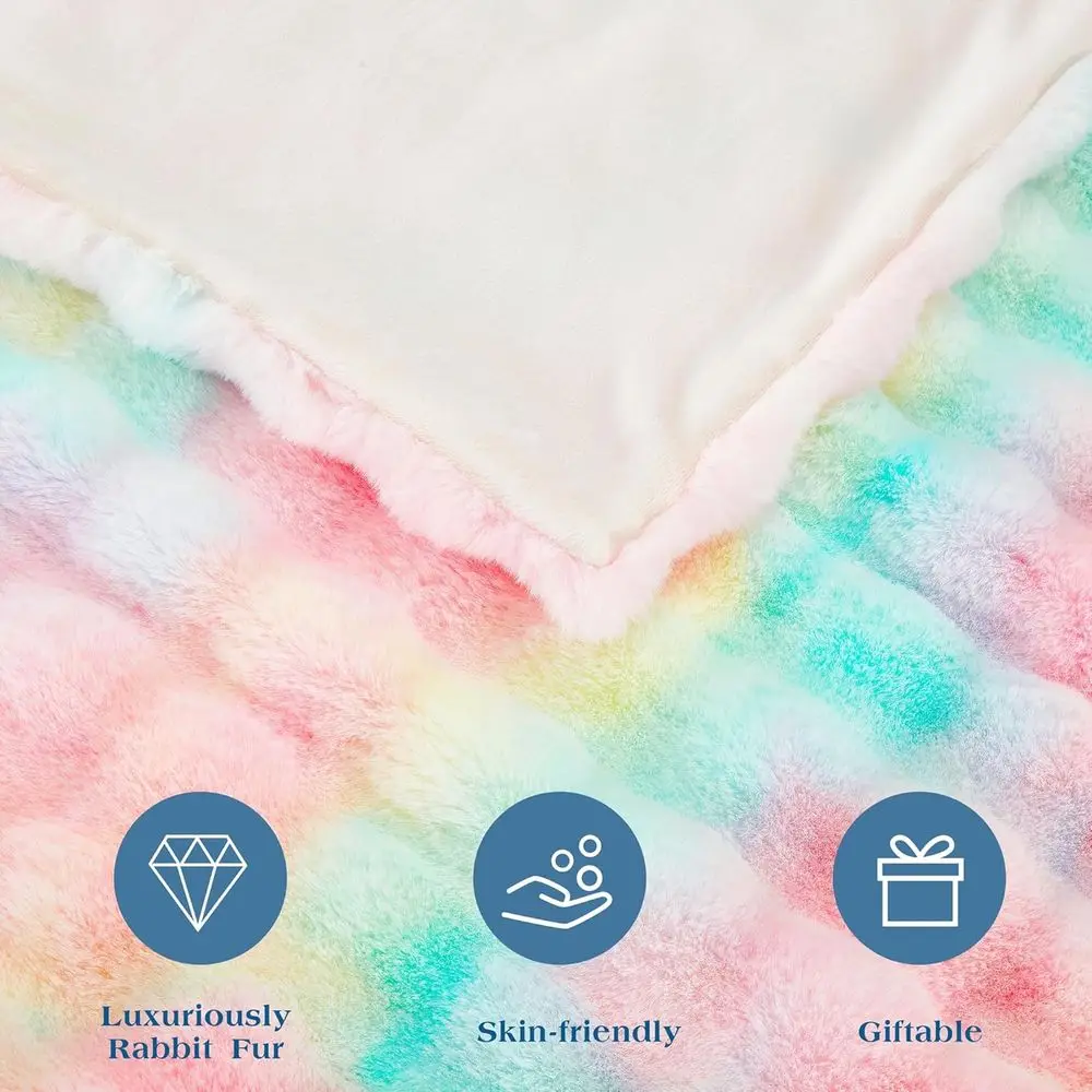Queen Size 80x90 Rainbow Fuzzy Rabbit Fur Blanket, Plush and Cozy for Winter