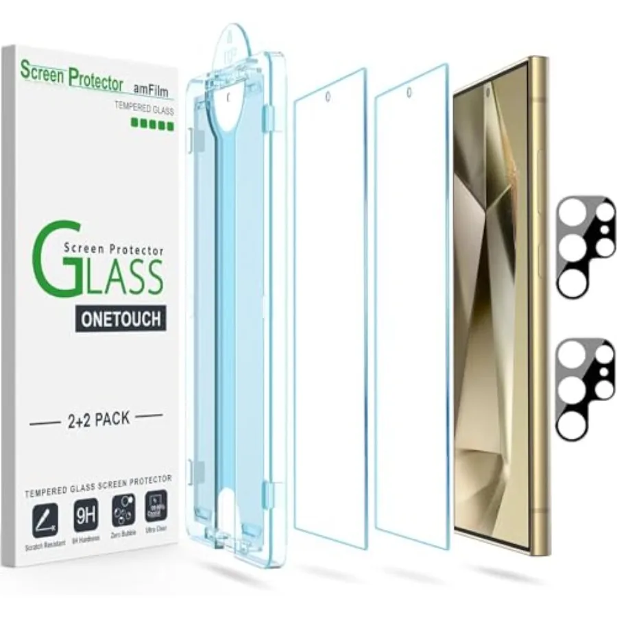 Auto-Alignment OneTouch for Samsung Galaxy S24 Ultra 6.8'' Screen Protector + Camera Lens Protector, Tempered Glass, 30 seconds