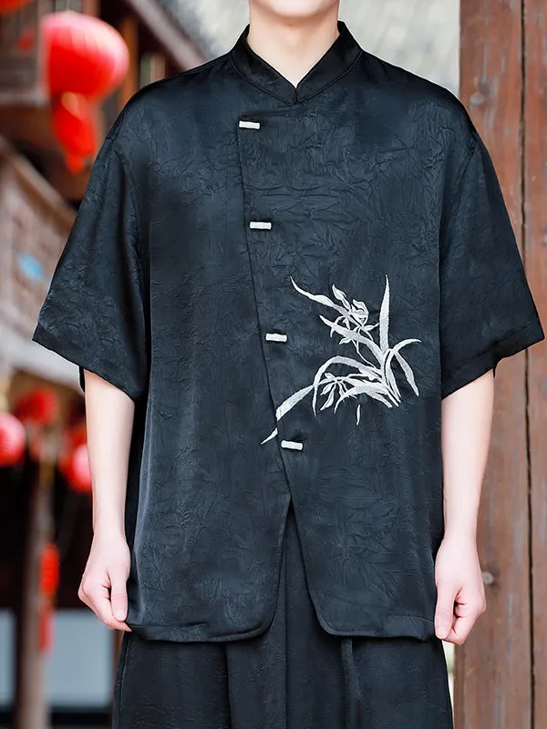 

New Chinese Style Men's Shirt Embroidered Orchid Short Sleeve Satin Surface Button down Collar Breathable Casual Summer Top