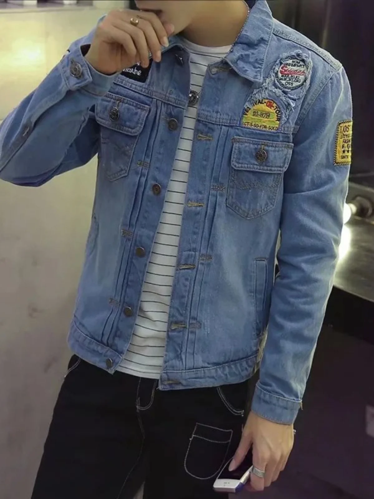 

Men's Slim Fit Collar Denim Jaet Casual Leisure Outerwear Youth Regular Sve Long Sve Single Button Pure Color Jaet