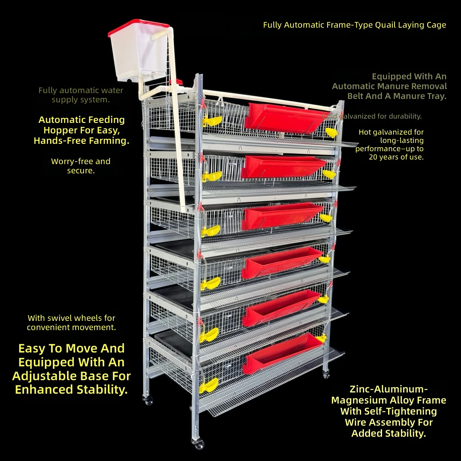 Quail Cage, H-Frame Structure, 360-Degree Wheels, Automatic Feeding, Drinking, and Cleaning, Portable and Durable, for Farm Use