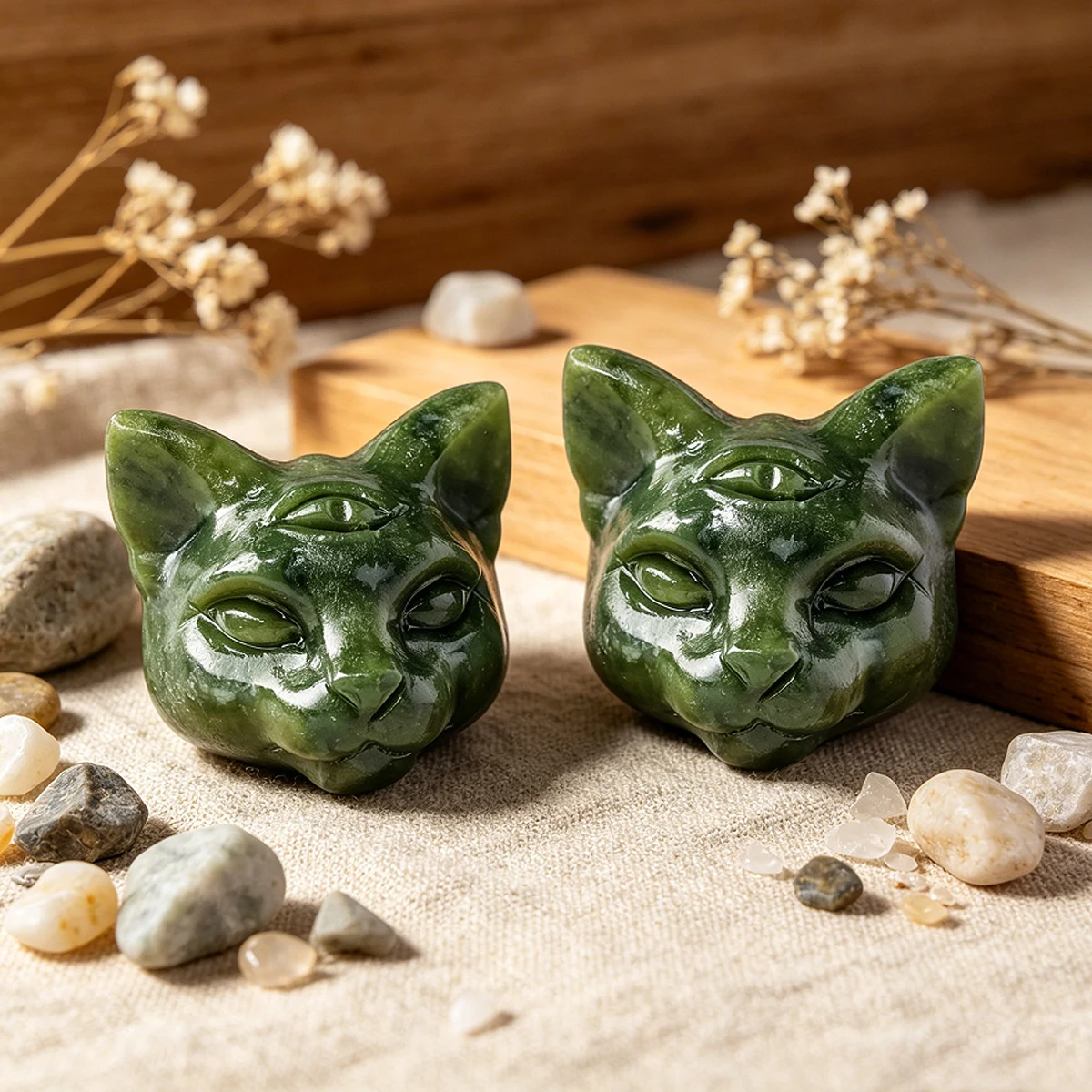 1PC Natural Green Jade Cat Head Figurine, Hand Carved Reiki Healing Crystal Statue, Serene Ornament for Home Decor & Spiritual G