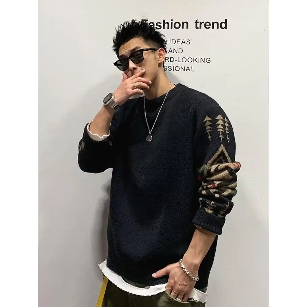 

Модный американский свитер оверсайз с круглым вырезом для мужчин, осень 2025, новый, свободный, в полоску, повседневный, с длинными рукавами, верхняя одежда